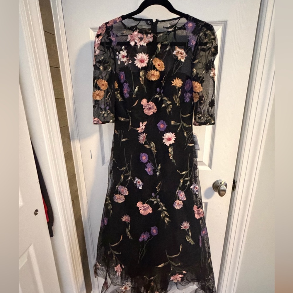 Teri Jon Black Dress with Floral Embroidery
